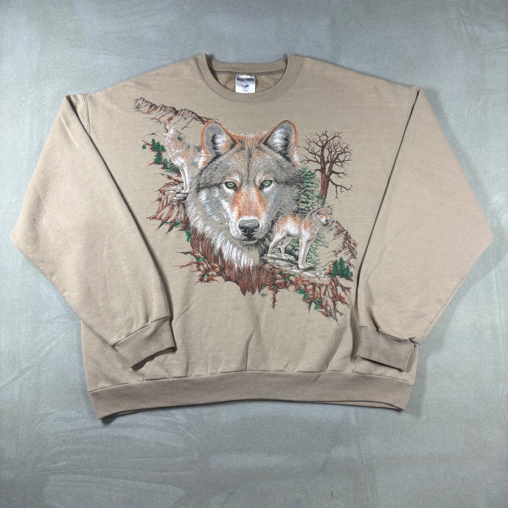 Vintage 90s Jerzees Wolf Graphic Sweatshirt Mens XL Tan Nature Crewneck NuBlend